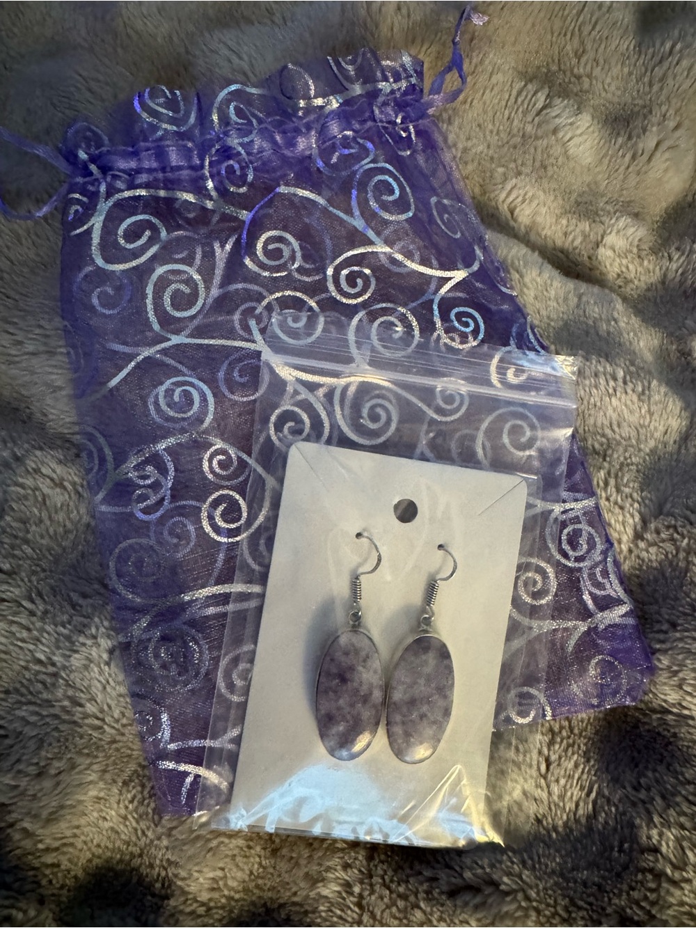 Silver 925 Purple Lepidolite Oval Crystal Drop Earrings - Women Jewelry